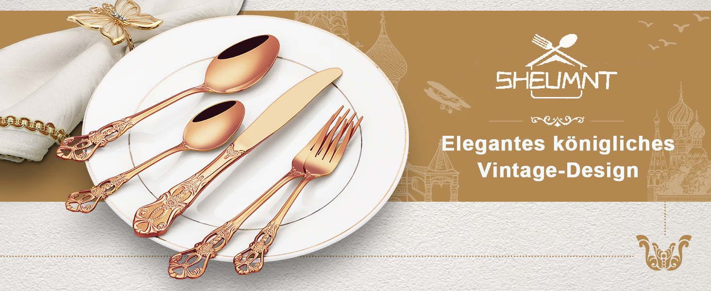 Набір столових приборів Retro на 6 осіб з нержавіючої сталі (рожеве золото, 24 предмети) - вишуканий сервіз в античному бароковому стилі: виделки, ложки, ножі