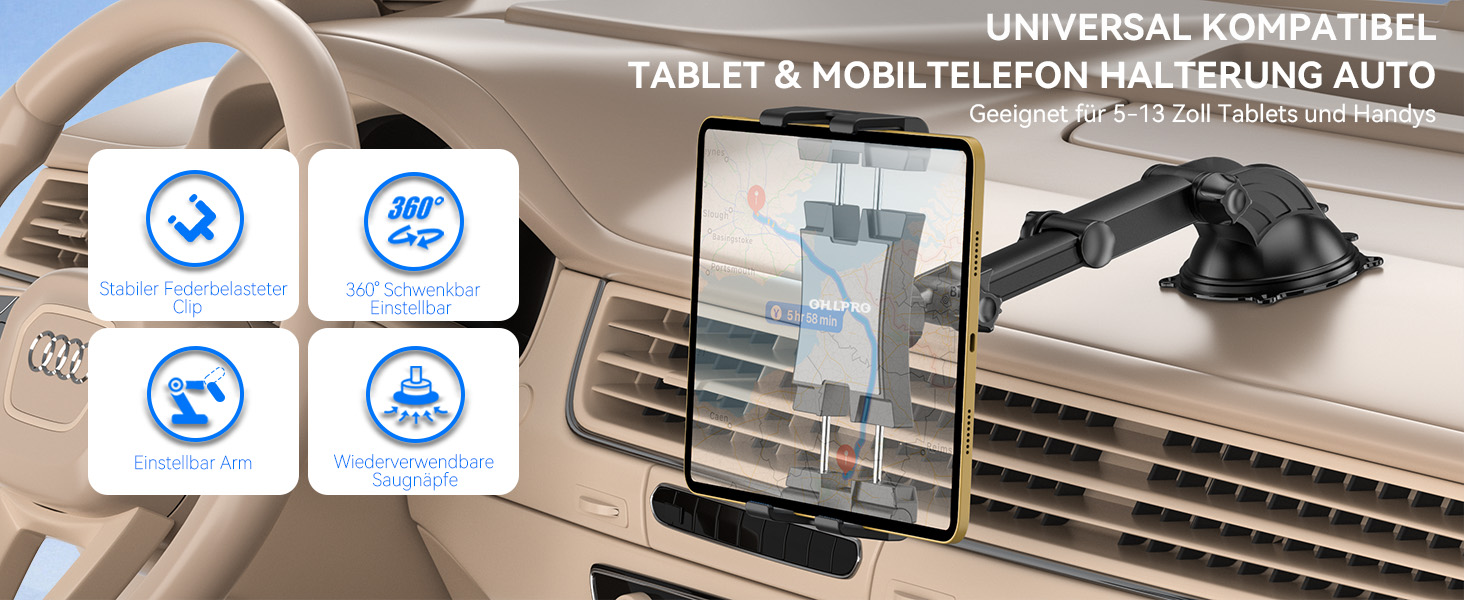 Тримач для планшета та смартфона в автомобіль OHLPRO, універсальний кронштейн на присосці з обертанням 360° та висувним важелем (4.7-13 дюймів) для лобового скла та торпедо
