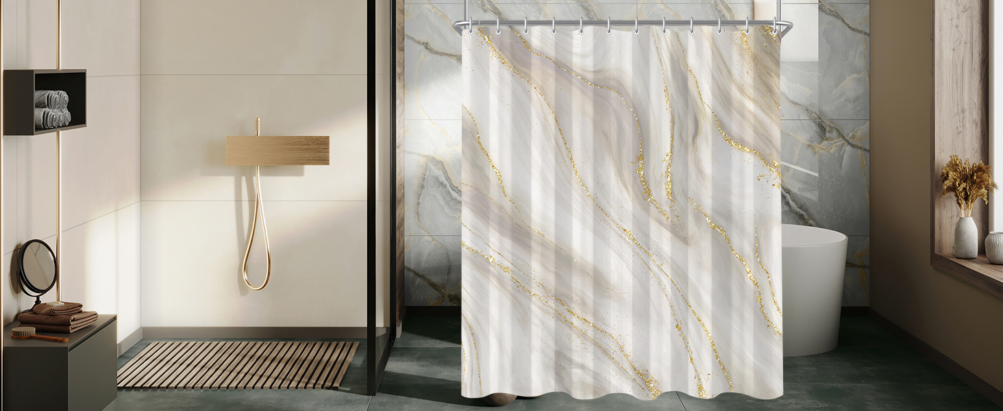 Штора для ванної кімнати 180x200 см з антигрибковим покриттям, водовідштовхувальна, поліестер, з кільцями (Phnom Penh Сірий мармур)