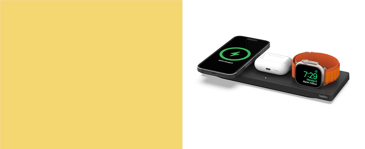 Belkin MagSafe Зарядний пристрій 3-в-1 бездротовий, сертифікований MFi, для iPhone 16/15/14/13/12, Apple Watch (всі моделі), AirPods (3/2/Pro) - Чорний