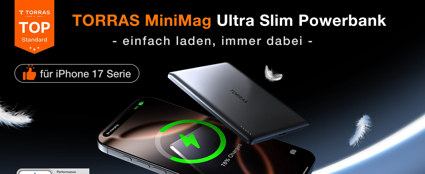 Powerbank TORRAS MiniMag Ultra Slim для iPhone 17 Pro Max, 5000mAh, MagSafe, USB-C, бездротова, сірий титан