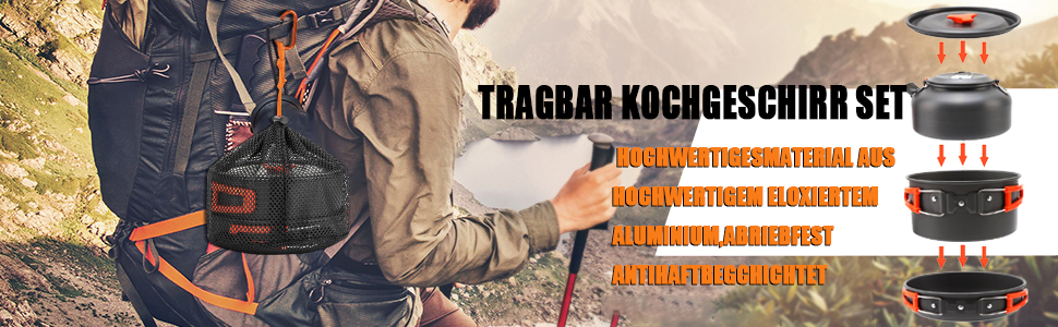 Набір кухонного посуду для кемпінгу, 10 предметів: каструля, сковорода, чайник, сумка для зберігання. Для кемпінгу, пікніків та походів