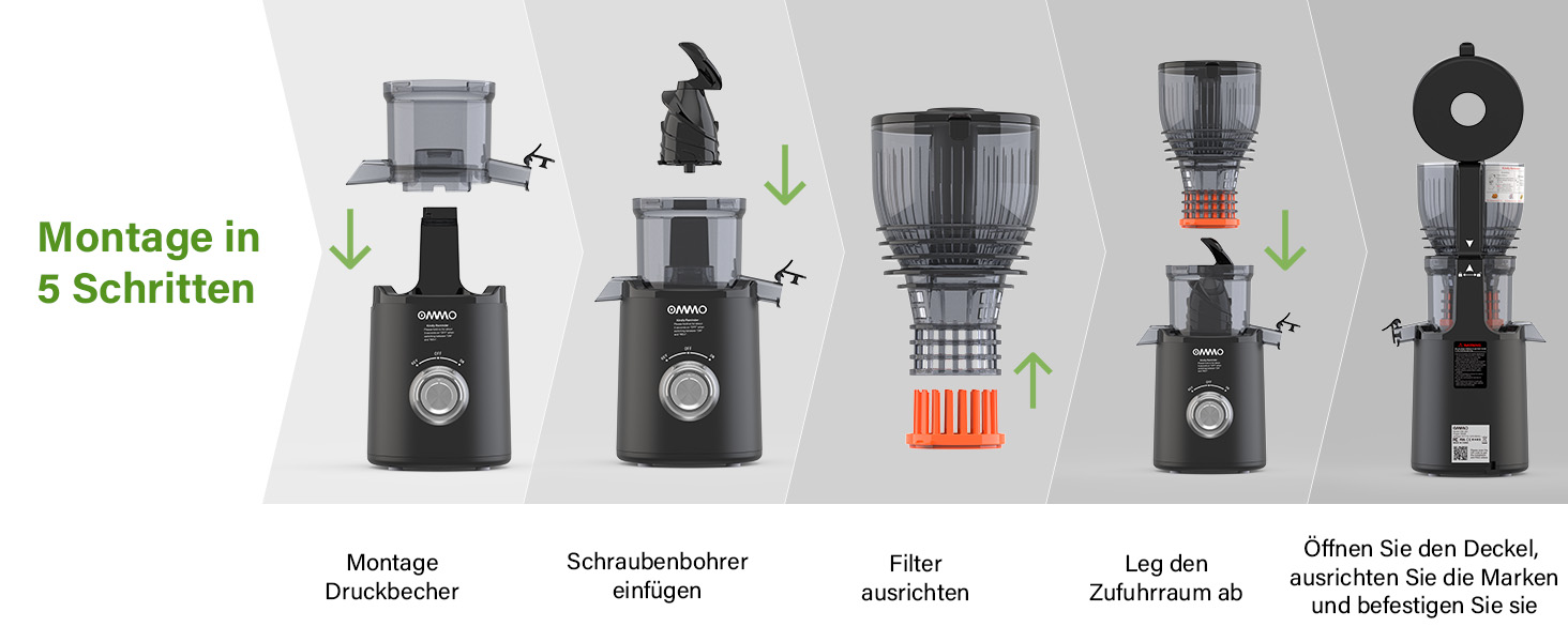 Шнекова соковижималка OMMO Slow Juicer для овочів та фруктів, 300 Вт, чорна