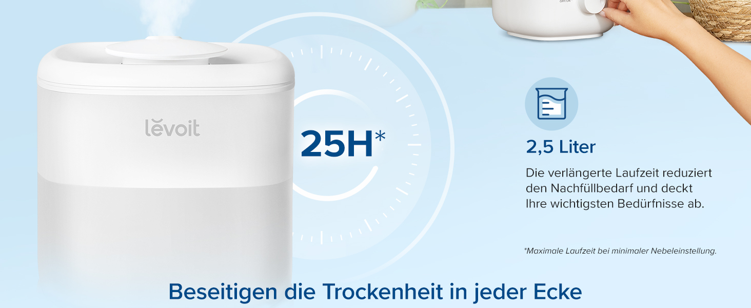 LEVOIT Увлажнитель воздуха Top-Fill до 25 годин, 23dB, 2.5L для спальні, дитячої кімнати, немовлят та рослин, з обертовою на 360° насадкою, автоматичне вимкнення