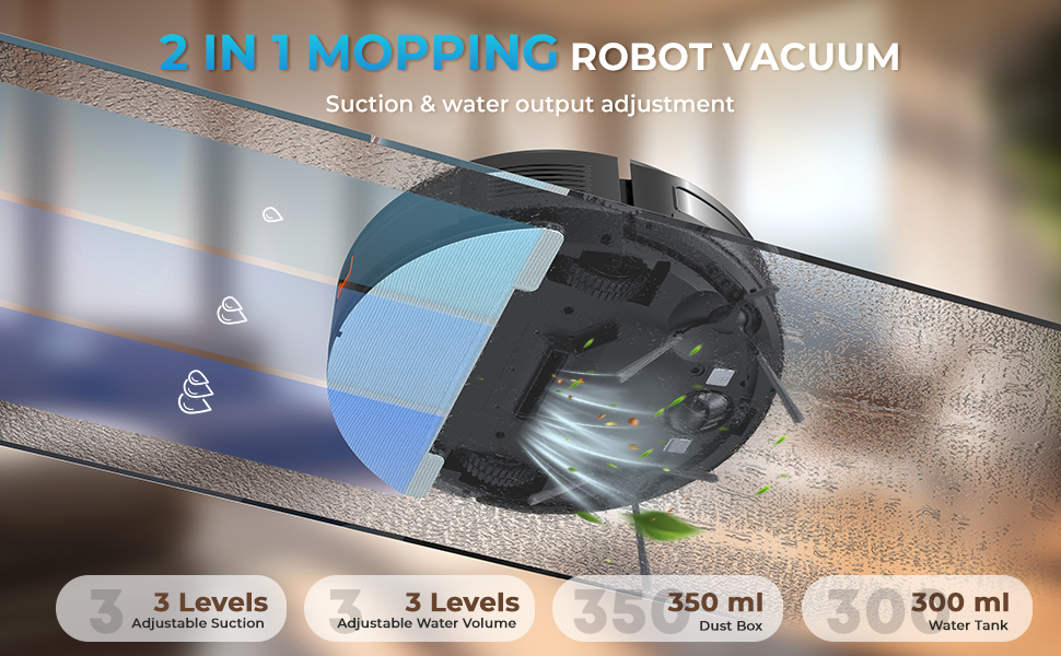 Робот-пилосос з функцією миття, 4200Pa, 130 хв роботи, для високих порогів, гладких поверхонь та тиха робота, система захисту від заплутування, керування через додаток/Alexa/Wi-Fi, для шерсті тварин, килимів та підлоги, чорний
