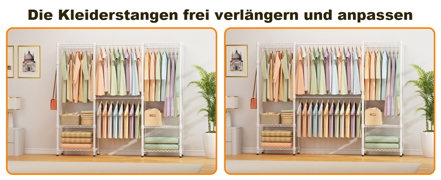 Тeleskopна штанга Himimi для одягу з 4 перекладинами та 6 регульованими полицями, 1 гачок, телескопічна система полиць B (175-230) x H180 см, адаптована для різних приміщень (білий)