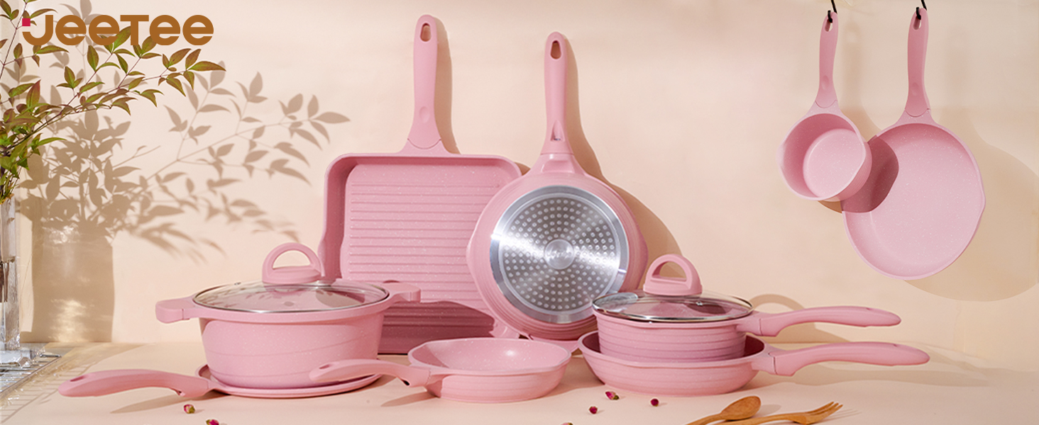 JEETEE 23-Piece Pink Cookware Set - Nonstick Granite Pots and Pans Set for Induction, Gas, Electric & Ceramic Stoves - Perfect Gift Set