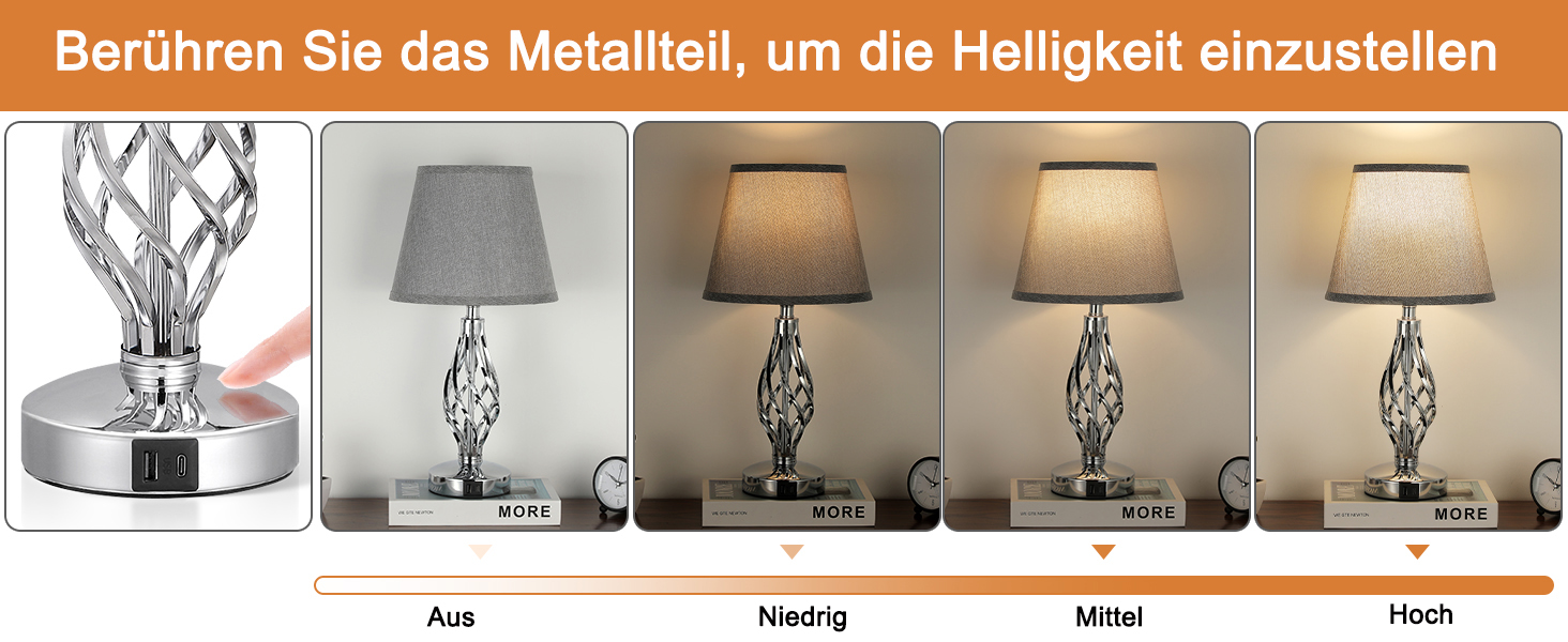 Настільна лампа Kakanuo 2 шт. з USB зарядкою, диммуванням та LED-лампочками, сірий абажур. Сучасний дизайн для спальні, вітальні, офісу.