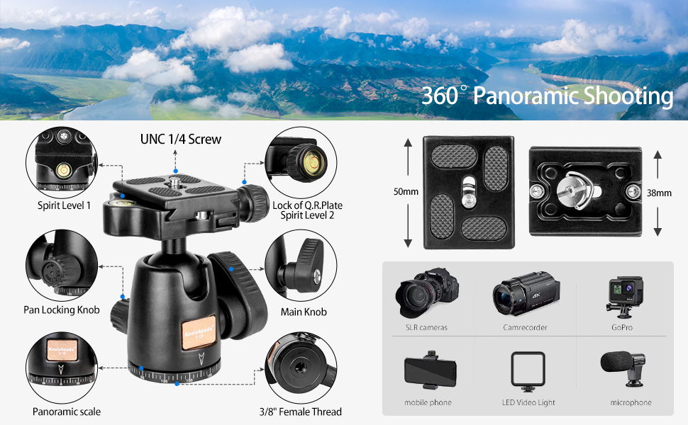 Штатив Koolehaoda з алюмінію з підтримкою та K-09 кульовою головкою для DSLR-камери. Максимальна висота: 175 см. K-288+Kugelkopf