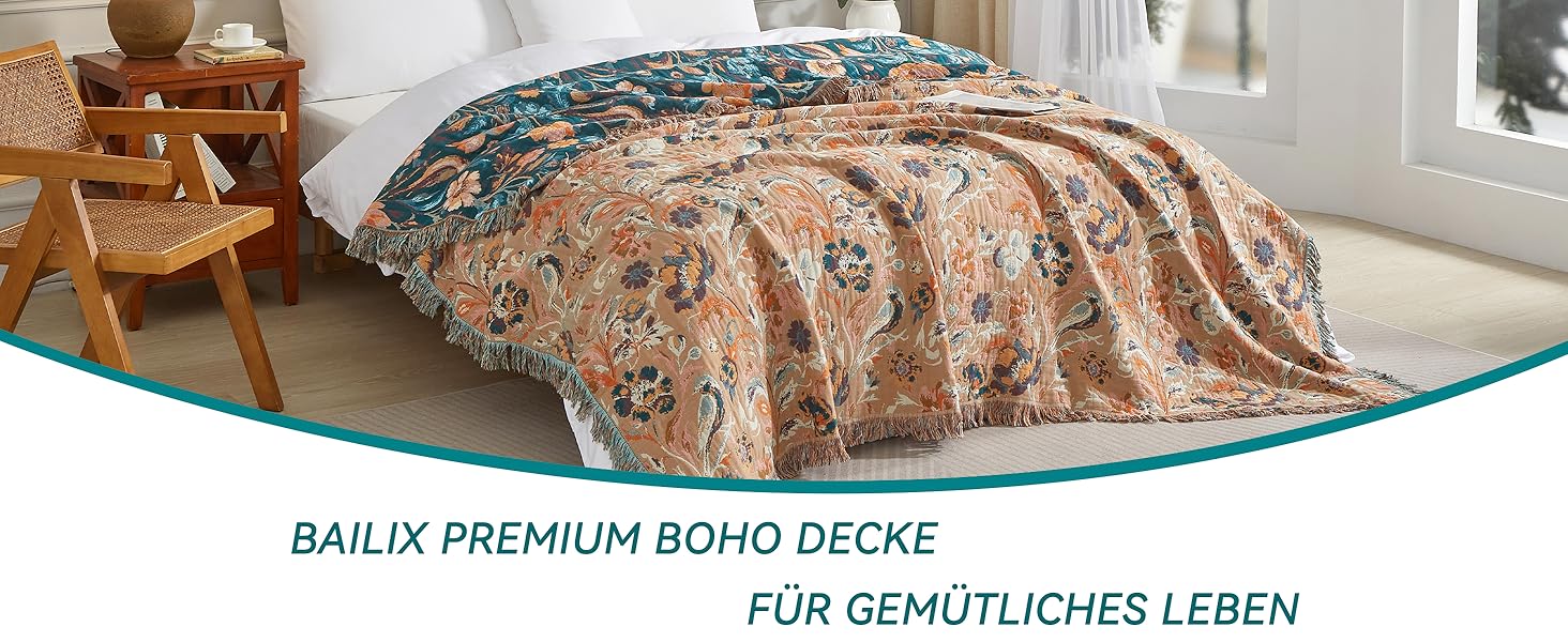 Богемна ковдра Boho 150x200 см з 100% бавовни, двостороння муслінова ковдра, плед для дивану та ліжка, patchwork, літня ковдра для вітальні, зелено-бежева (230x250 см, квіти та птахи)