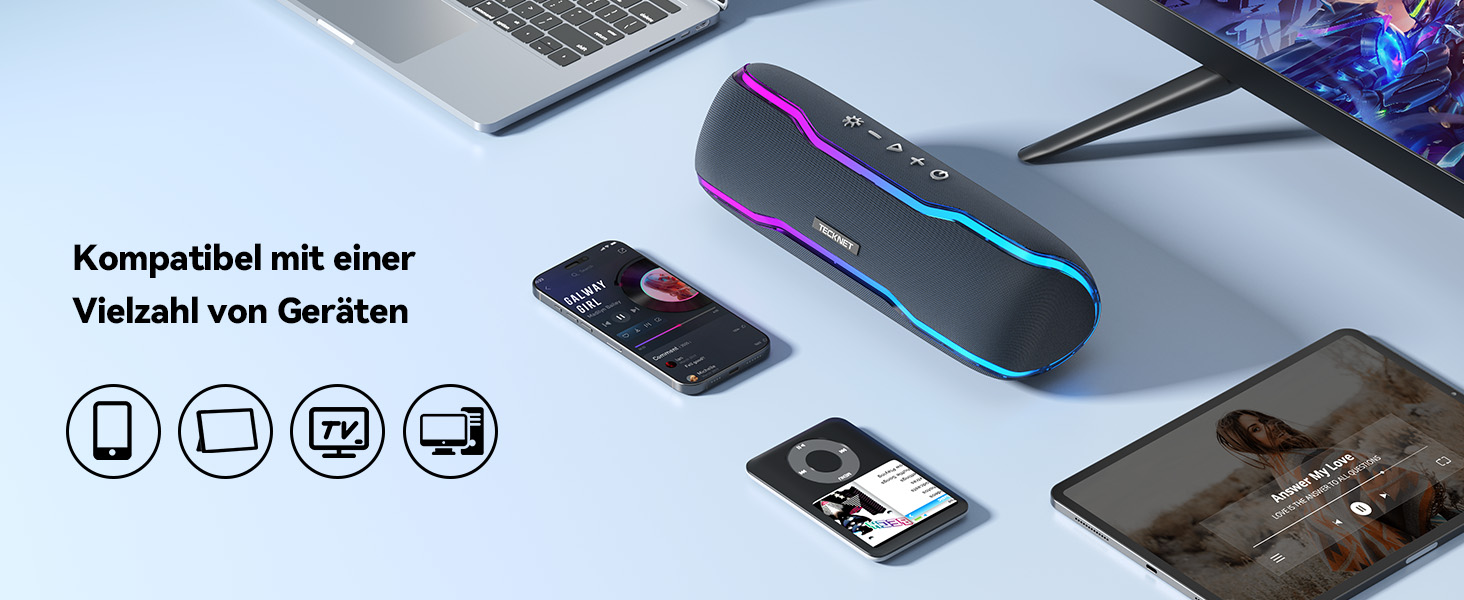 TECKNET Bluetooth колонка з підсвіткою, IPX7, 30W, чорна - портативна бездротова колонка Bluetooth 5.3 для вечірок, подорожей