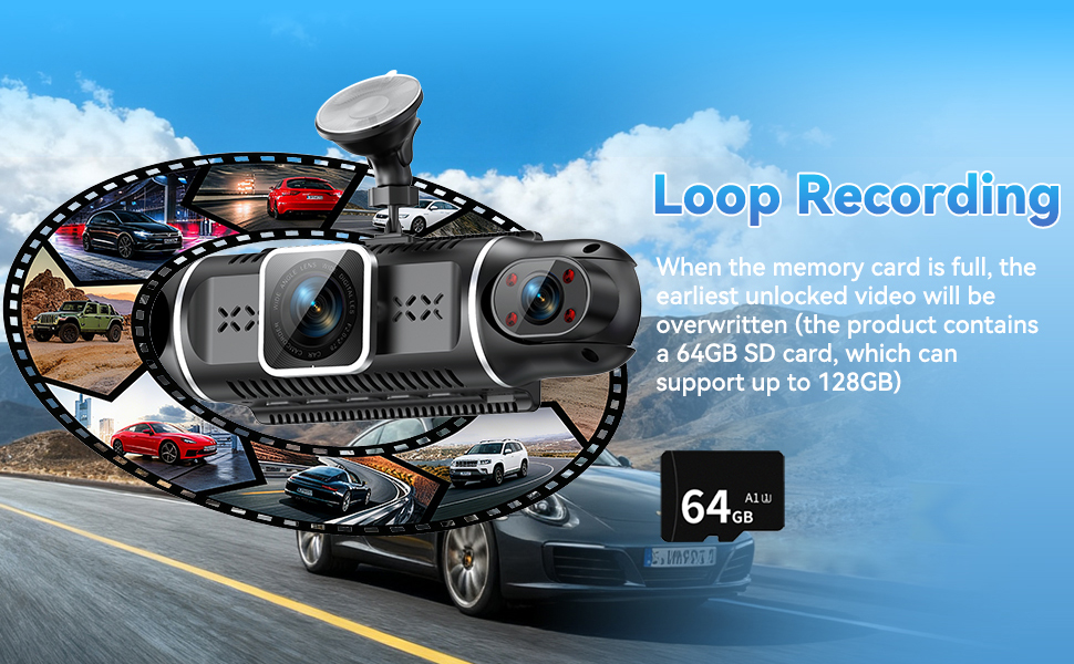 4-канальний автомобільний відеореєстратор 4K/1080P з 64GB SD-картою, 3