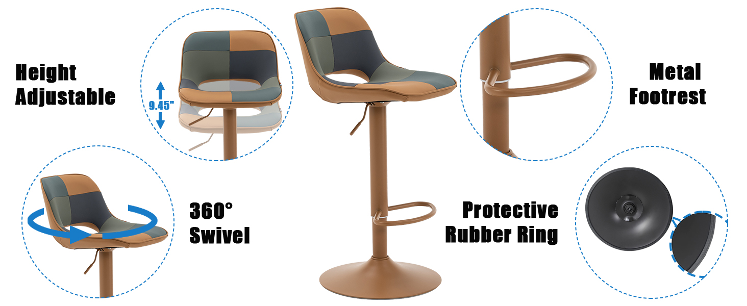 YOUNIKE 2-Piece Adjustable Bar Stools - Boho Patchwork Design, Swivel Kitchen Bar Chairs with Hollow Backrest - Yellow & Green