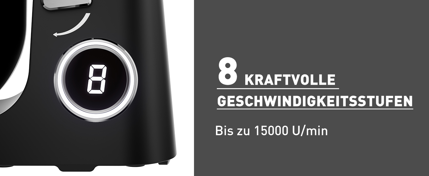 Кухонна машина Heinrichs 2500W з подвійним гаком для тіста, міксером та вінчиком, 8 швидкостей, чаша 8L з нержавіючої сталі, чорна