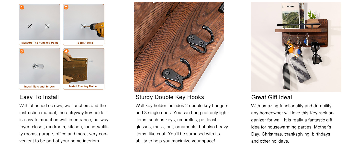 Настінна вішалка для ключів на 5 гачків, дерев'яна дошка для ключів з полицею, настінний органайзер для ключів, рустикальна вішалка для ключів, органайзер для ключів, декор для дому (колір: коричневий)