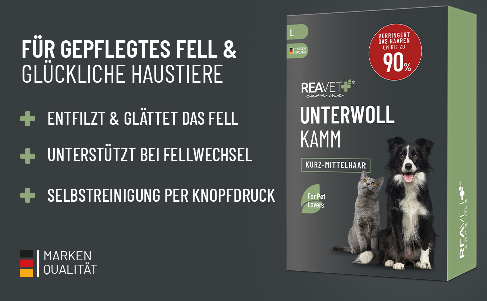 Гребінець для видалення підшерстя ReaVET для собак та котів з короткою шерстю, середніх порід. Видаляє підшерстя, доглядає за верхнім шаром шерсті, з кнопкою самоочищення. Ідеальний для сезонного линяння. (Великий, L)