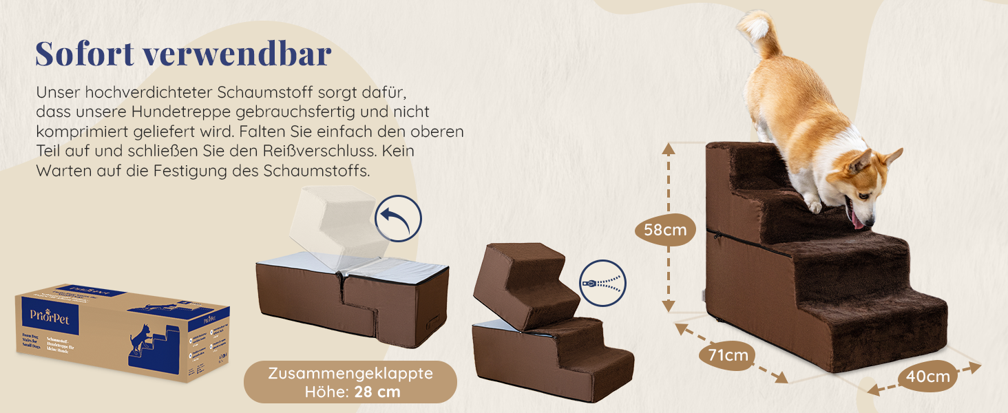 Сходинки для собак на ліжко та диван - 4 сходинки, 58 см - з піносподуху, для маленьких собак, безпечні та стабільні, знімний та пральний чохол, світло-сірий (4-Brown)