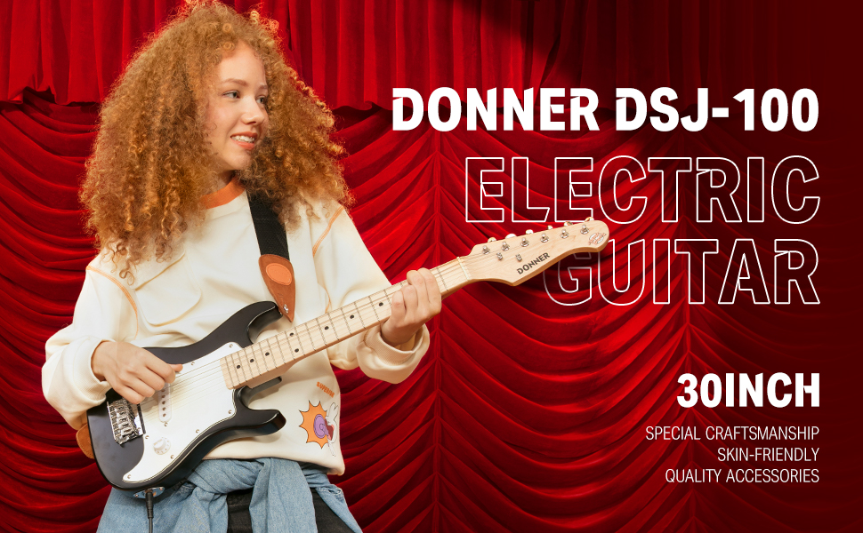 Електрогітара Donner Set для початківців Junior ST-стиль 30 дюймів, Mini гітара Преміум-комплект з підсилювачем, тюнером, каподастром, чохлом, ремінцем, струнами, кабелем (DSJ-100, Чорний)