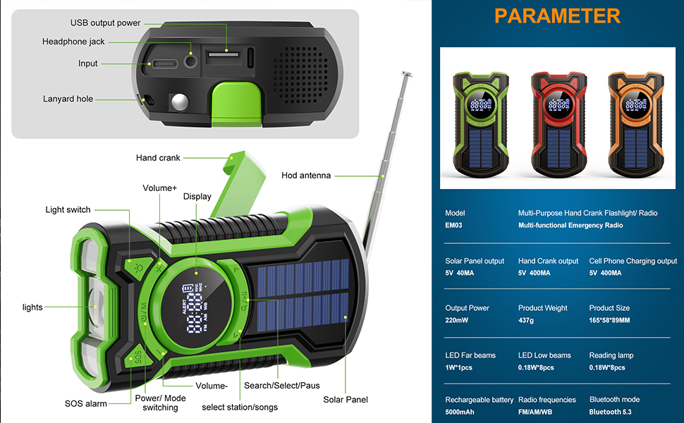 Радіо на сонячній батареї та ручному приводі Gemmac 5000mAh з Bluetooth, USB AM/FM, Power Bank, SOS-сигналом, ліхтариком – для кемпінгу та виживання (Зелений)