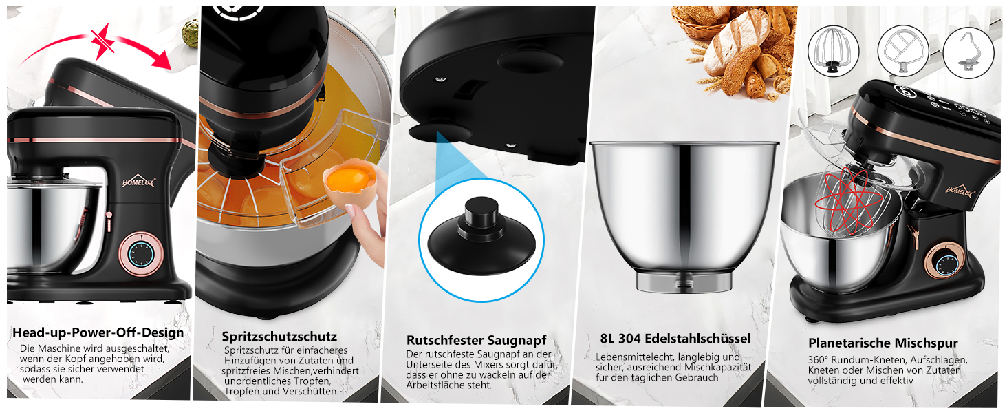 Кухонна машина HOMELUX 1800W з чашею 8 л з нержавіючої сталі, 6 швидкостей, LED-дисплей, насадки для замішування, збивання та нарізки, сіра