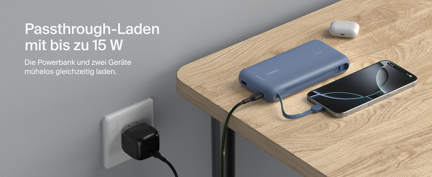 Зовнішній акумулятор Belkin BoostCharge 20K PD 30W з вбудованим кабелем USB-C, Power Bank для iPhone 16, iPad Pro, Samsung Galaxy S25, синій