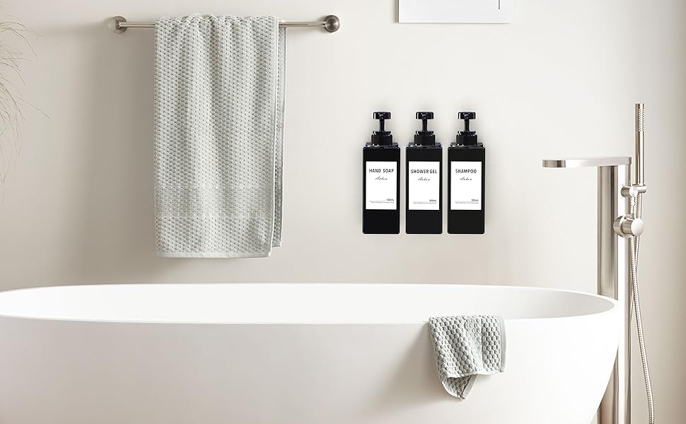 Настінний диспенсер для мила Anhow 3er PETG, 500 мл, чорний, без свердління, з 16 вологостійкими етикетками для кухні/ванної кімнати