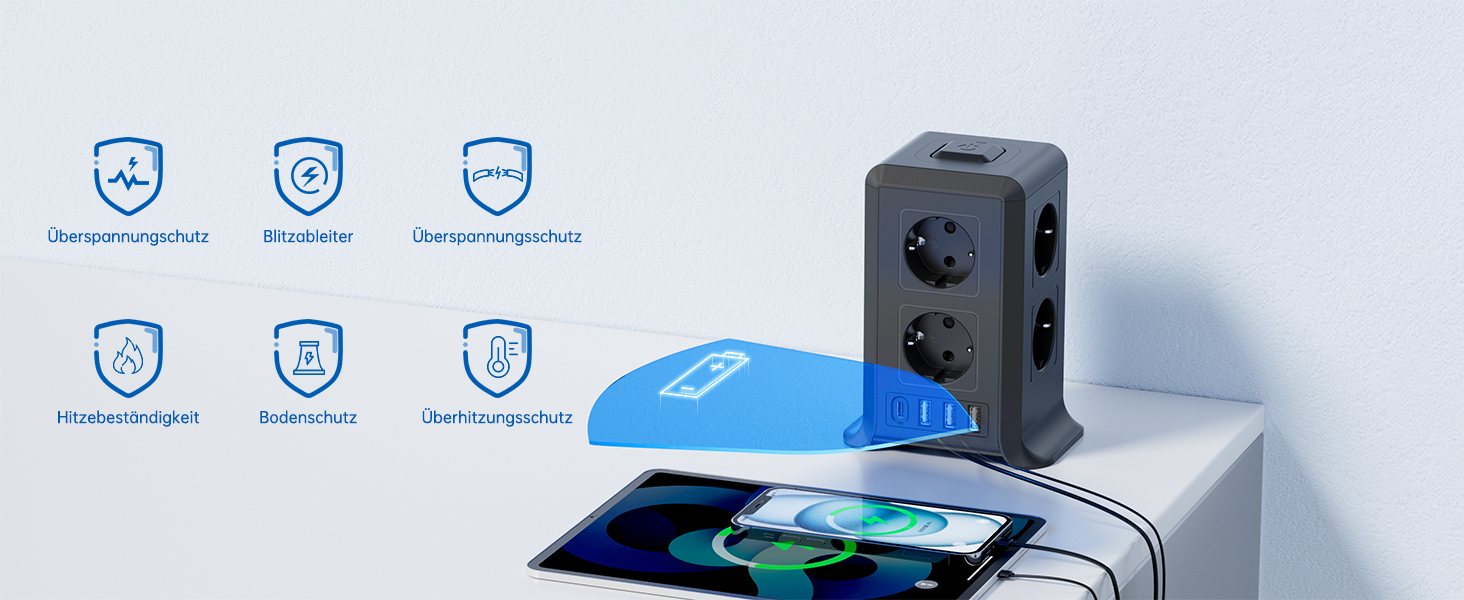 Багаторозкладна мережева панель Sameriver 8-fach з вимикачем, 4 USB, захист від перенапруги, 2м кабель, чорний