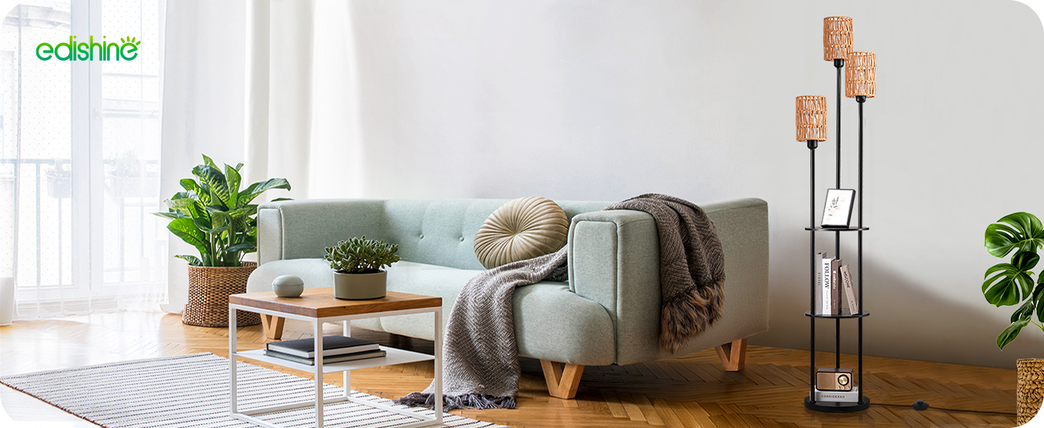 Стійка лампа EDISHINE для вітальні з трьома плафонами, вінтажний стиль, полиця, абажур з ротангу, 3 x E27, з лампочками, бохо-стиль, з вимикачем на ніжці, 178 см, чорний