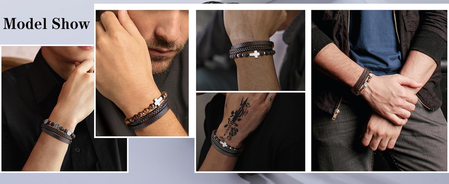 Чоловічий браслет Dochais: нержавіюча сталь, шкіряний ремінець, хрест Ісуса Христа, плетіння з натурального каменю, магнітна застібка, чорний, 21 см