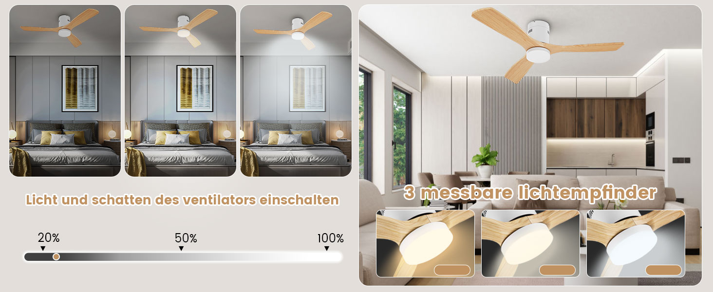 Стеляний вентилятор Holz з підсвічуванням, регулюванням яскравості LED 24W, тихий DC-двигун 38W, діаметр 132 см, з пультом дистанційного керування та таймером, 6 швидкостей, дерев'яний дизайн