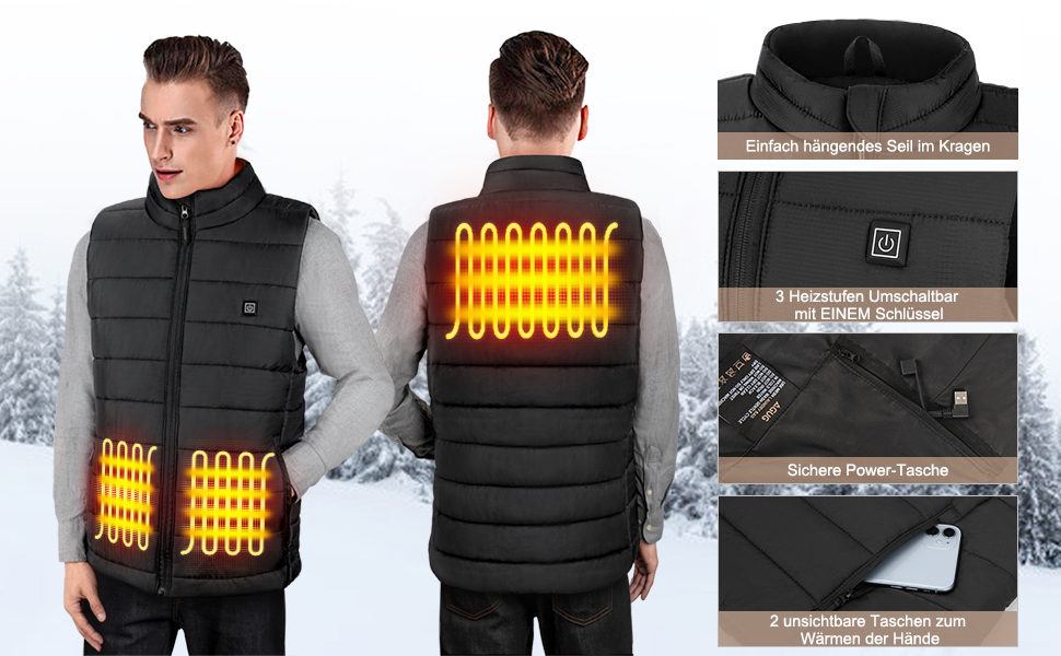 AGUG Тепла жилетка для чоловіків/жінок, електрична жилетка з підігрівом, 3 режими температури, для активного відпочинку, катання на конях, лижного спорту, кемпінгу (без Powerbank), розмір M