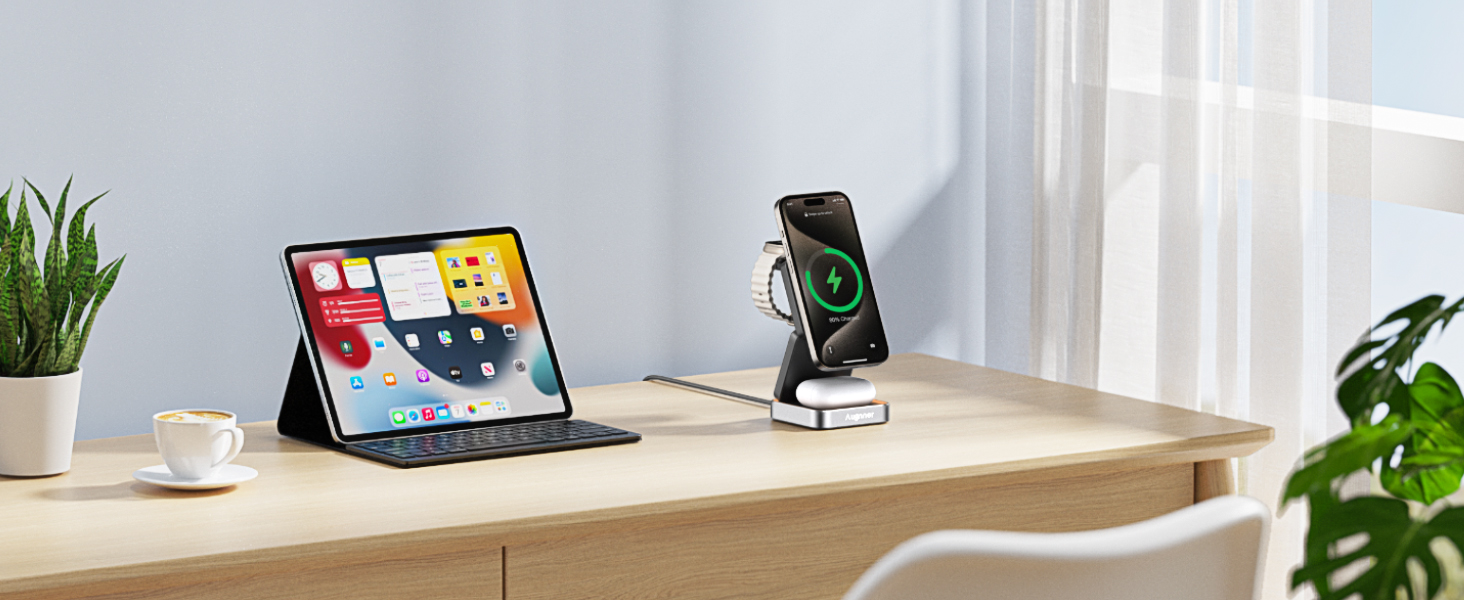 Зарядний пристрій 3-в-1 для Apple Watch та iPhone MagSafe, складна бездротова зарядка для AirPods Pro/3/2. Підходить для Apple Watch, iPhone 17/16/15/14/13. Білий (Чорний)