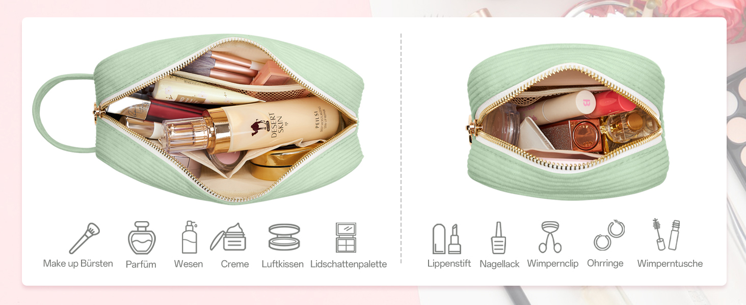 Косметичка жіноча KALIDI з корду, зелена, з відділеннями, на блискавці, для подорожей