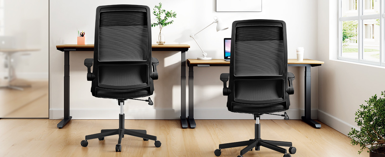 Ергономічне крісло для офісу з регульованою підголовником, офісне крісло з сітки, відкидні підлокітники, широке сидіння, функція гойдання, комп'ютерне крісло EN 1335, офісне крісло 200 кг, чорне