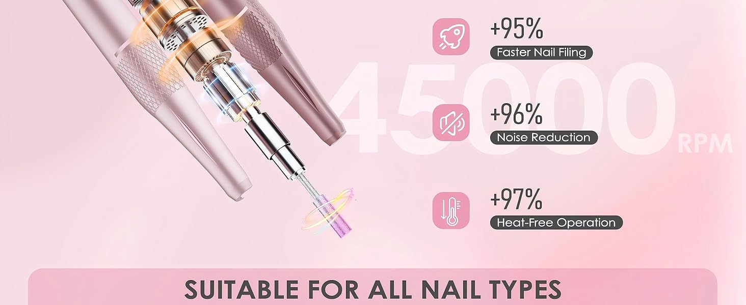 Професійна електрична фрезер для нігтів 45000 RPM, портативна, для манікюру та педикюру, рожева
