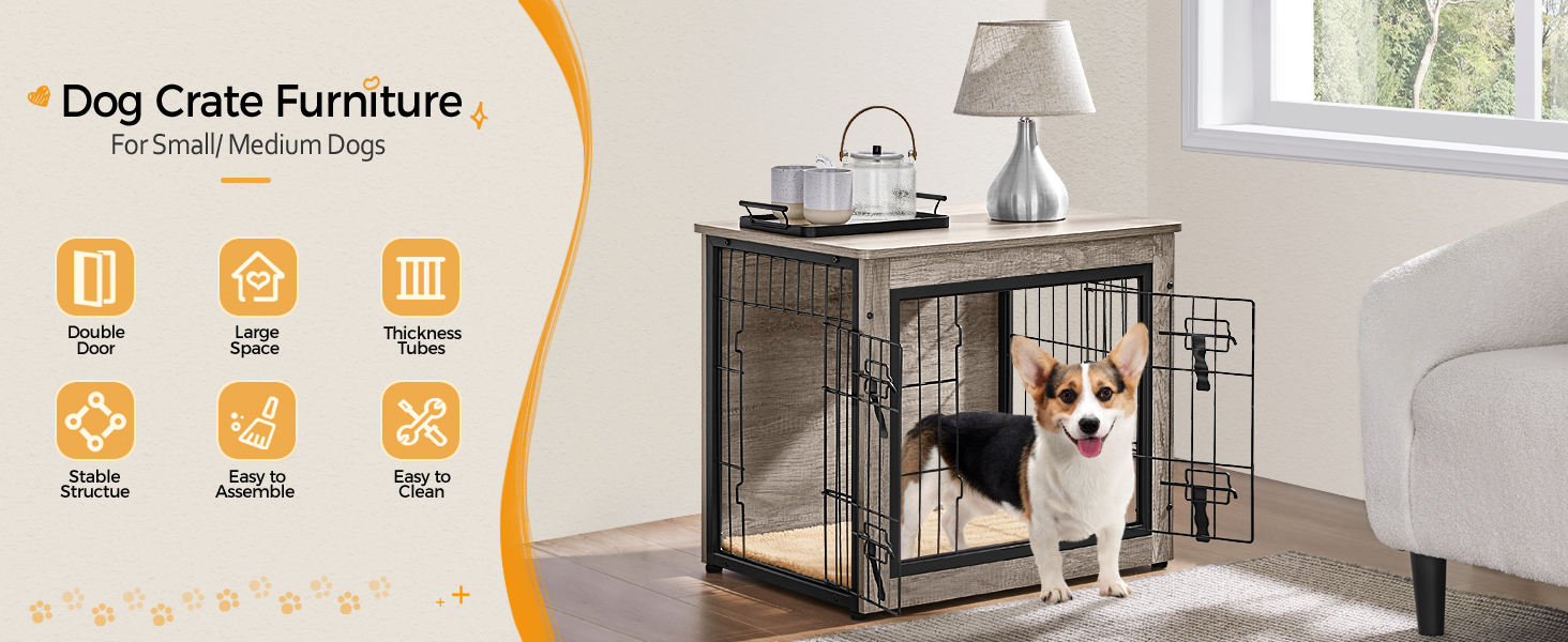 Yaheetech Modern Dog Crate Furniture with Blanket & 2 Doors - Indoor Wooden Dog House for Living Room - Grey, 69x51x61 cm