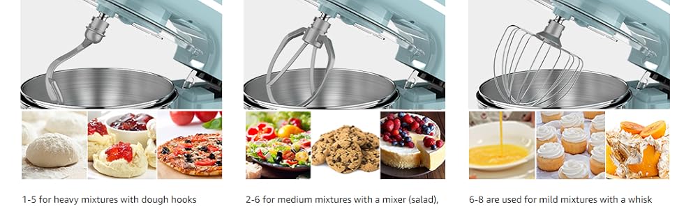 Планетарний міксер Vospeed для замісу тіста 5QT, кухонна машина з чашею з нержавіючої сталі, 8 швидкостей, набір насадок (гак, вінчик, міксер), синій