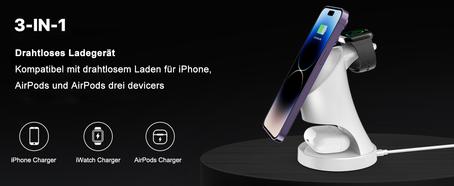 3-в-1 Зарядний пристрій MagSafe: Індукційна бездротова станція для iPhone та Apple Watch/AirPods Pro, білий