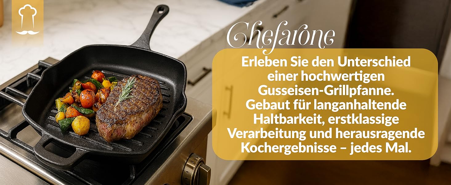 Чавунна гриль сковорода Chefarone 25.5 см з носиком – емальована сковорода для стейків, підходить для індукції, газу, склокераміки та духовки