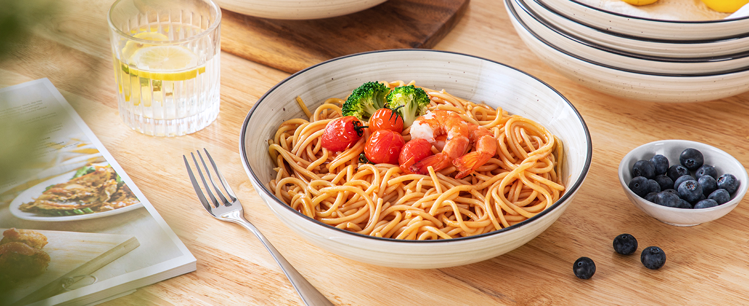 Набір супових тарілок Vancasso Bonbon (6 шт.), супові миски з кераміки, об'єм 1500 мл, глибокі, для пасти, салатів, підходить для миття в посудомийній машині та використання в мікрохвильовій печі, бежевий