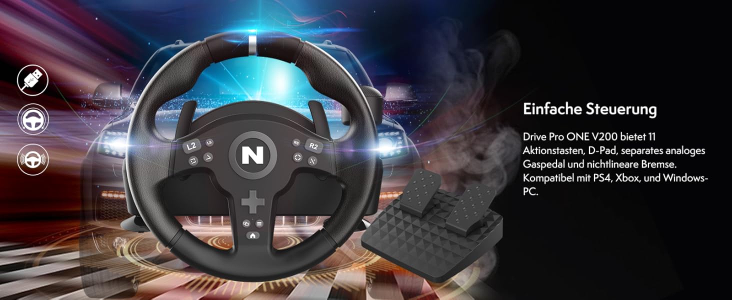 NITHO Drive Pro V200 - Руль для гонок з педалями та перемикачем передач, для PC, PS4, Xbox, 270° з вібрацією, сумісний з симуляторами