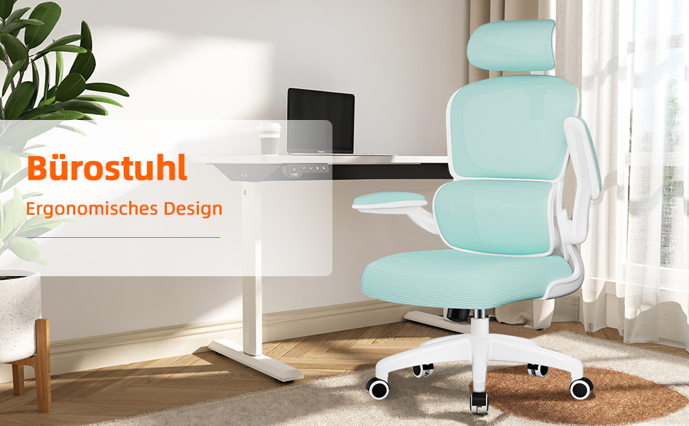 Ергономічне крісло для офісу з регульованою підголівником, поперековою підтримкою та відкидними підлокітниками, крісло для начальника, 150 кг, функція гойдання до 135° (Блакитно-зелений, Модель 2)