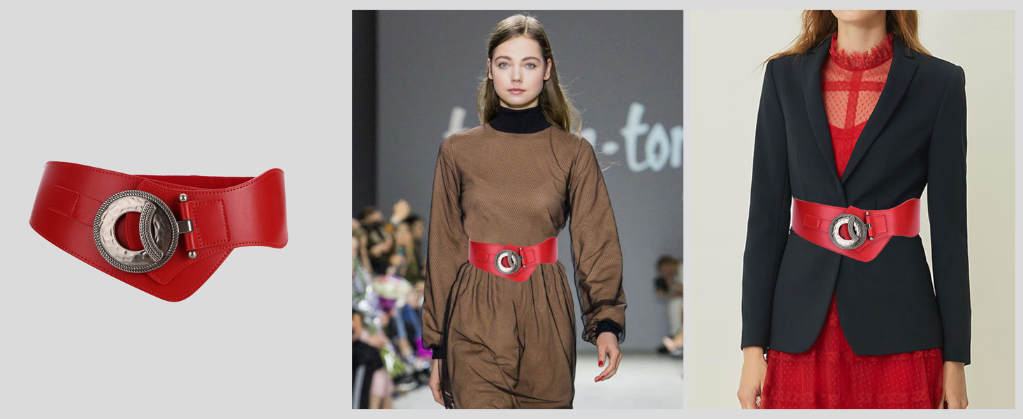 Жіночий шкіряний пояс широкий 60мм, еластичний, чорний/червоний, розміри 65-160см. Стильний пояс для сукні