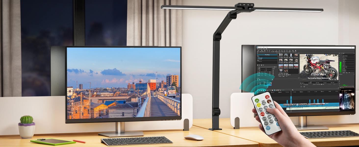 LED лампа для столу KableRika 24W з двома головками, регульована яскравість, з пульт дистанційного керування, захист очей, для офісу та дому, чорна