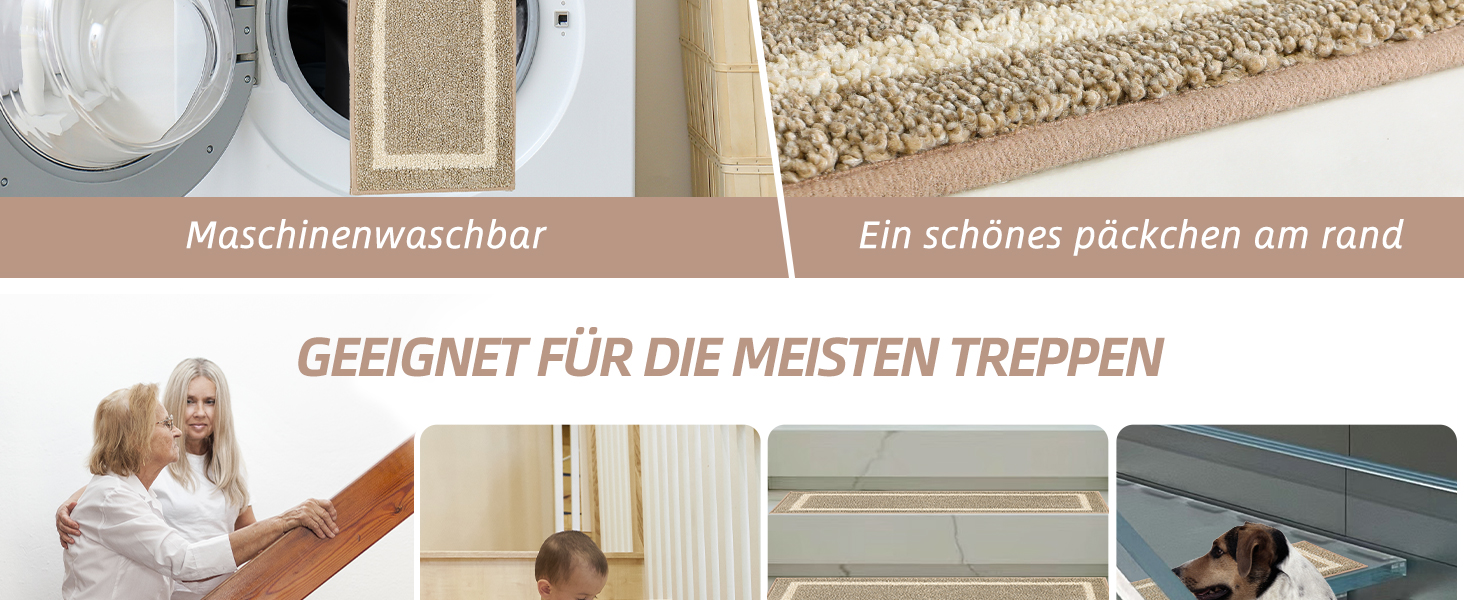 Ковзаючі килимки на сходи Cosy Homeer, 70x22 см, 15 шт., самоклеючі, антиковзаючі, машинне прання, 100% поліестер, TPE-підкладка, бежевий (4 шт.)