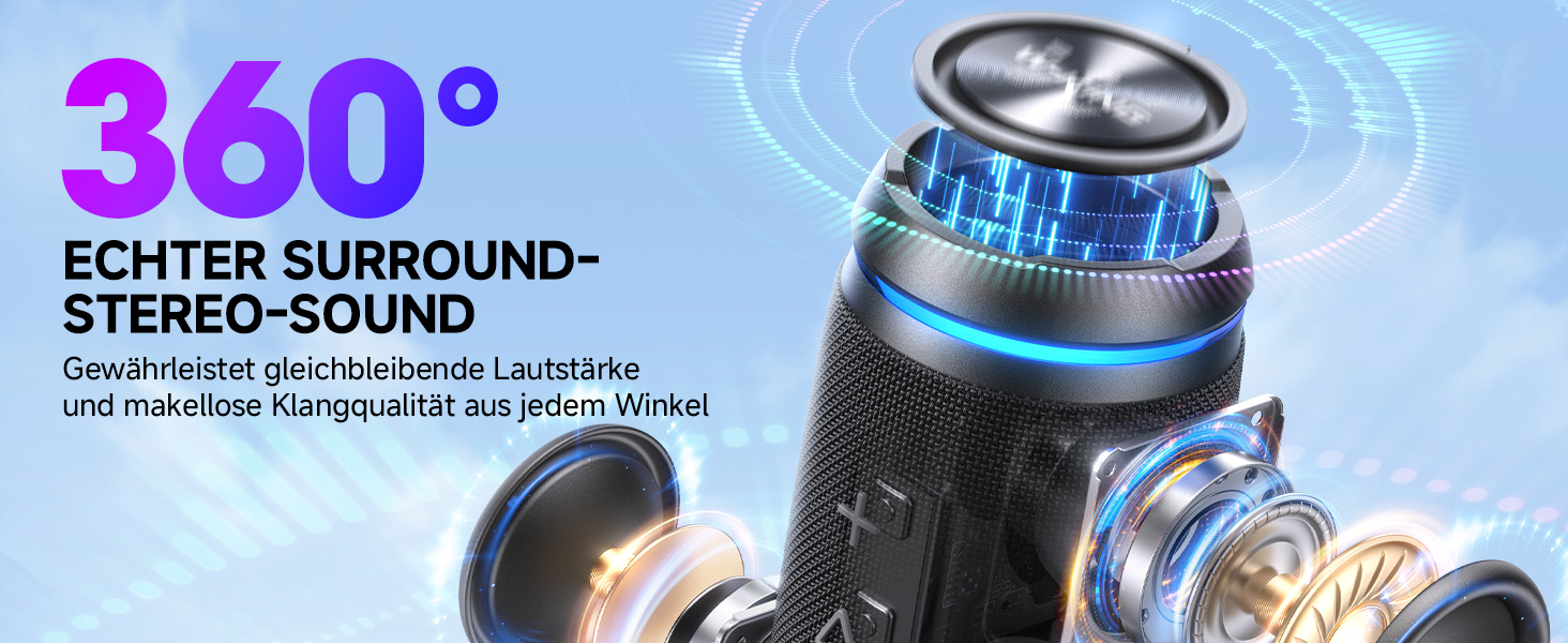 W-KING Bluetooth колонка 36W: Портативна бездротова колонка з 360° звуком, IPX6 водонепроникна, AUX, 30 год автономії, для дому, вулиці, вечірок, подорожей