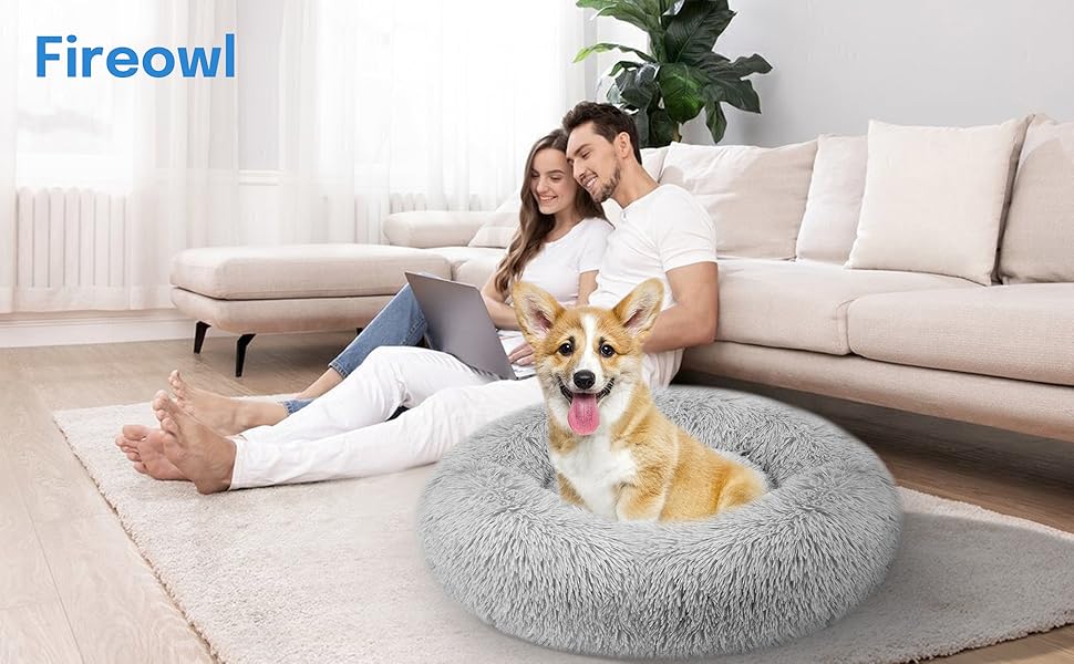 Лежак для собак і котів fireowl Donut, круглий, пухнастий, 80×80×20 см, антистрес, плюшевий, для цуценят і кошенят, світло-сірий, машинне прання