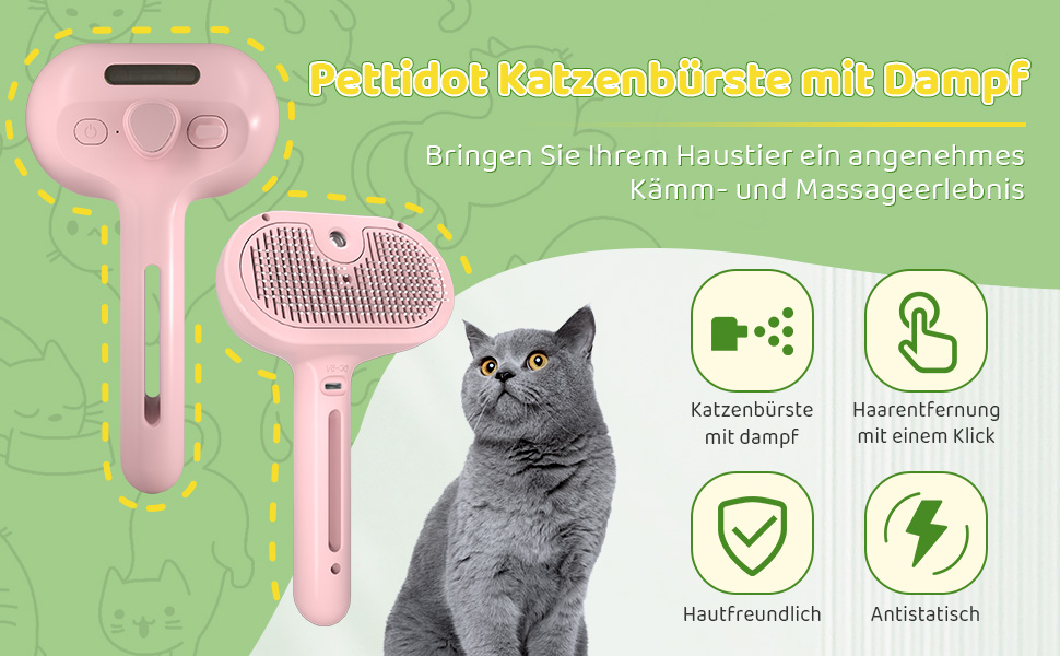 Щітка для котів з парою, щітка для собак з парою, щітка для котів та собак, щітка для котячого волосся, гребінець для котів з довгим волоссям, щітка для тварин, білий (рожевий)