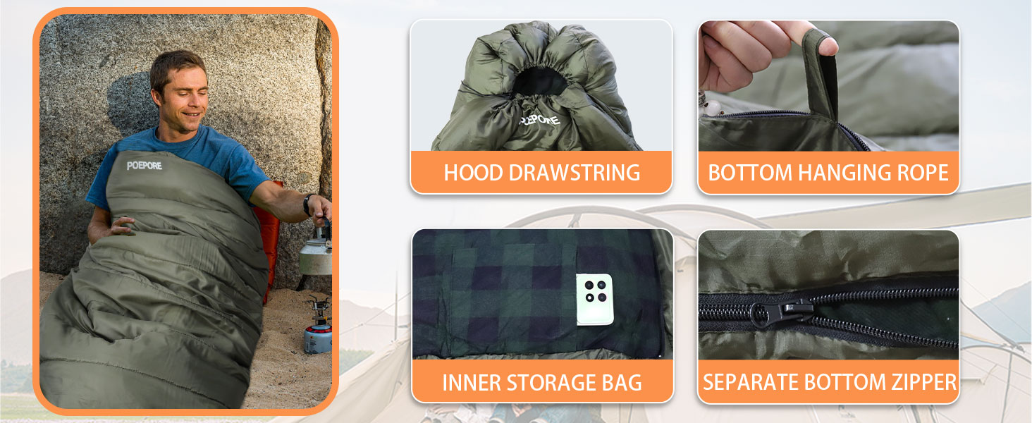 Спальний мішок Poepore Outdoor Winter для дорослих, Extra Wide, 3-4 сезони, XXL, теплий, бавовна, фланель, Deckenschlafsack, для кемпінгу, подорожей, пригод, 230 x 100 см, 0°C (Olive-L-Zip, -6°C)