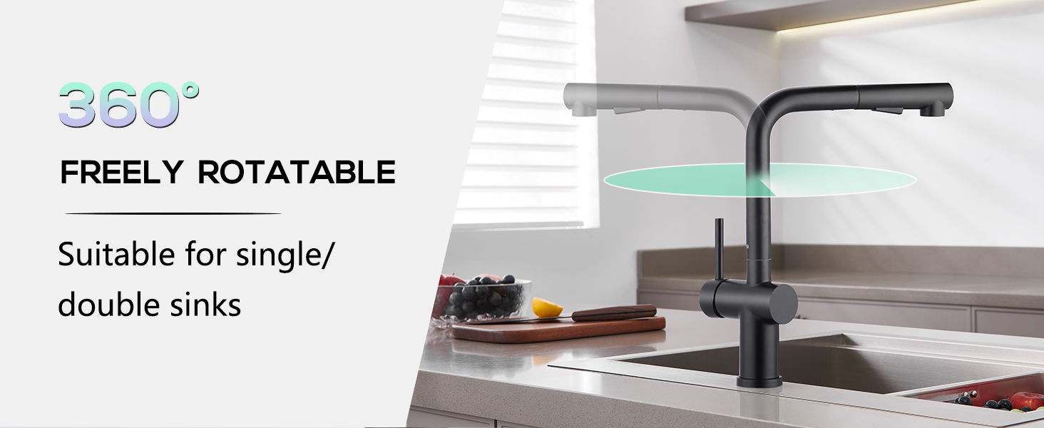 Змішувач кухонний з висувною лійкою, чорний, з двома режимами струменя, 360° обертання, з нержавіючої сталі